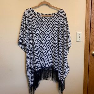 Navy and white 2 Chic poncho with fringe, one size